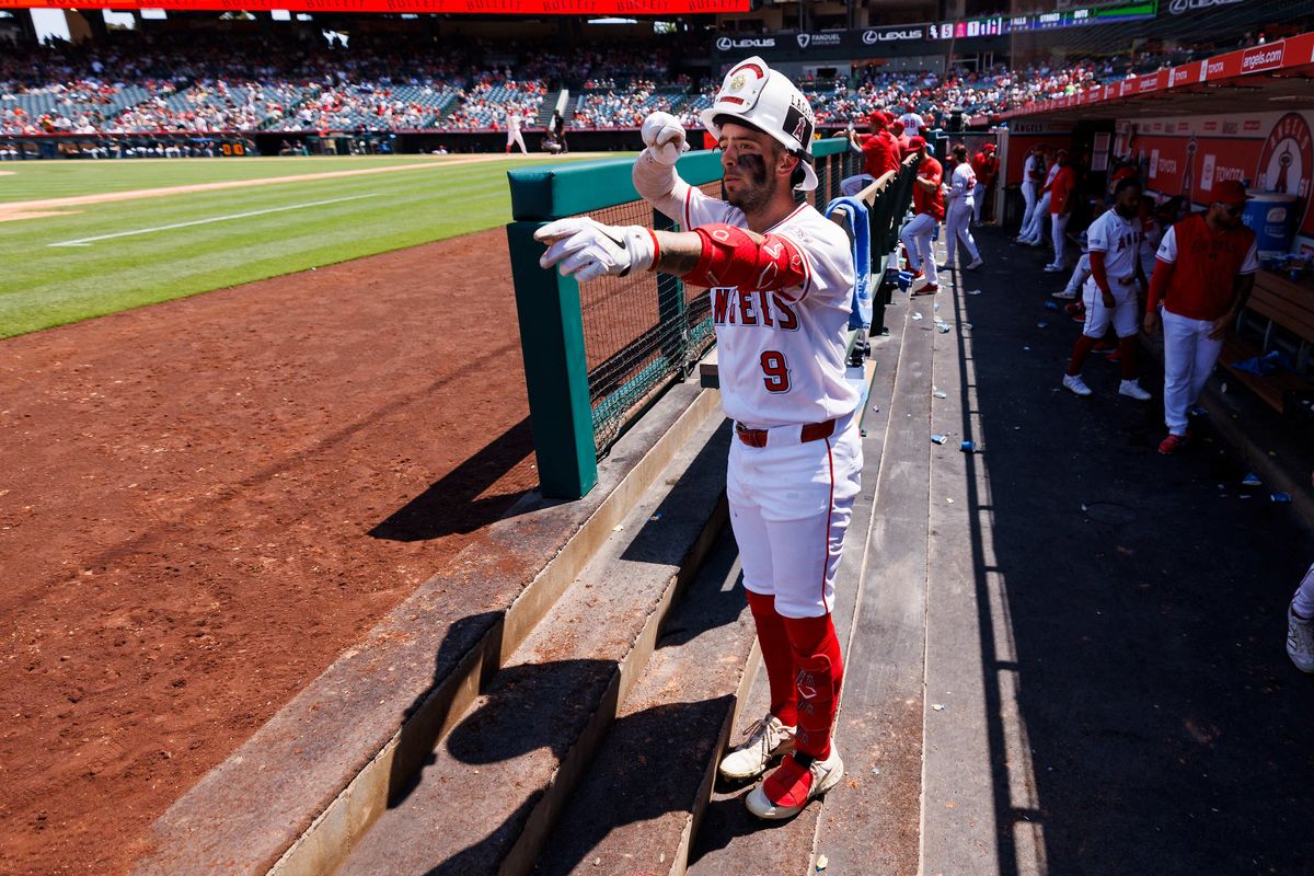 Zach Neto #9 of the Los Angeles Angels celebrates his home run during the game against the Chicago White Sox at Angel Stadium of Anaheim on August 3, 2025 in Anaheim, California. 