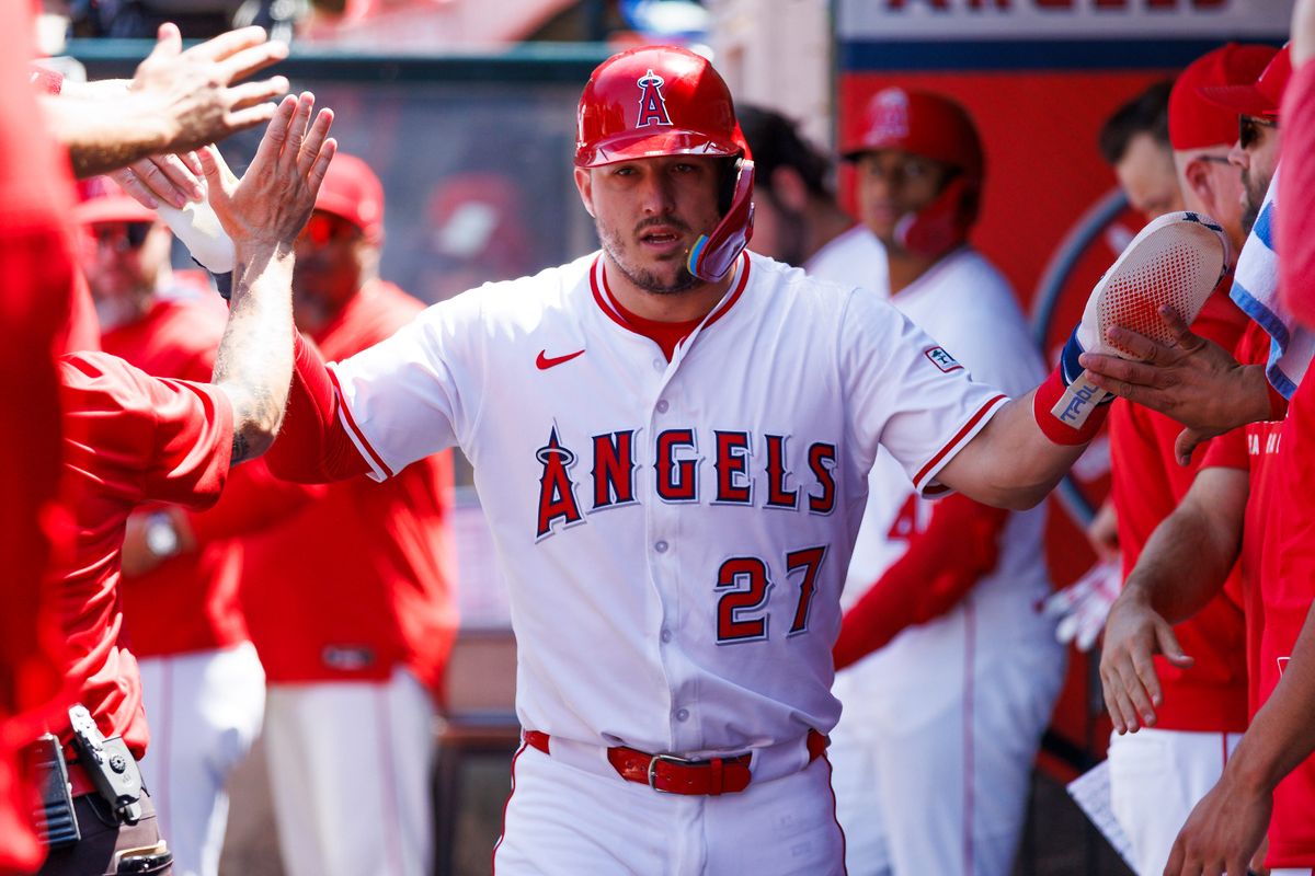 Mike Trout #27 of the Los Angeles Angels celebrates with teammates during the game against the Chicago White Sox at Angel Stadium of Anaheim on August 3, 2025 in Anaheim, California. (Photo by Ric Tapia/Getty Images)