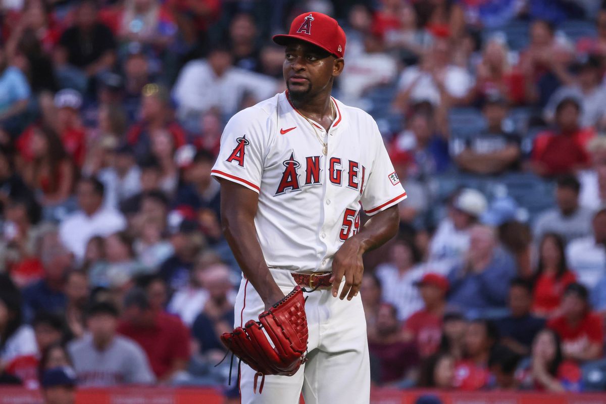 Los Angeles Angels right handed pitcher José Soriano (59) walks into the dugout after an inning during the MLB game against the Tampa Bay Rays Tuesday August 5th, 2025 at Angel's Stadium in Anaheim, Calif.