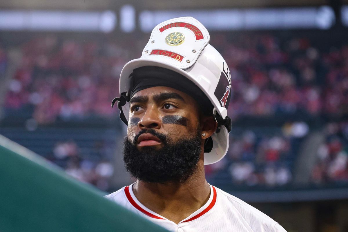 Los Angeles Angels outfielder Jo Adell (7) celebrates after hitting a home run during the MLB game against the Tampa Bay Rays Tuesday August 5th, 2025 at Angel's Stadium in Anaheim, Calif.