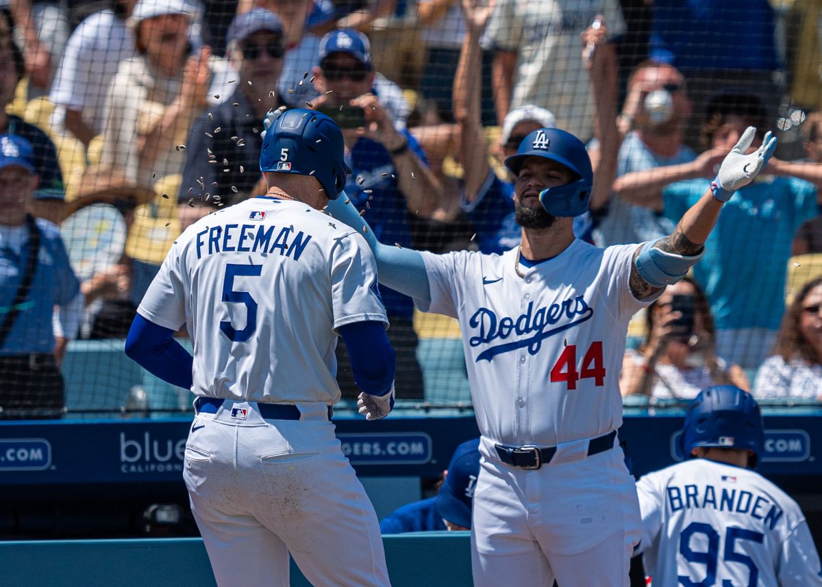 Los Angeles Dodgers first baseman, Freddie Freeman 5, celebrates a home run with Andy Pages (44) during an MLB baseball game against the Toronto Blue Jays on August 10th, 2025 in Los Angeles, CA.