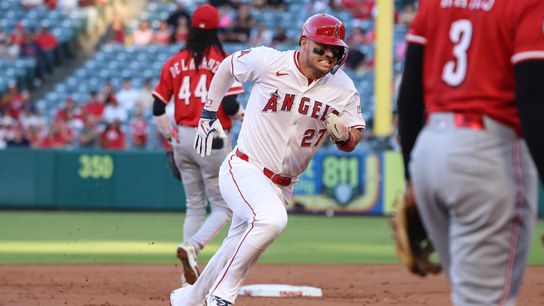 Los Angeles Angels outfielder Mike Trout (27) runs during the MLB game against the Cincinnati Reds Monday August 18th, 2025 at Angel's Stadium in Anaheim, Calif. Los Angeles Angels outfielder Mike Trout (27) runs during the MLB game against the Cincinnati Reds Monday August 18th, 2025 at Angel's Stadium in Anaheim, Calif.