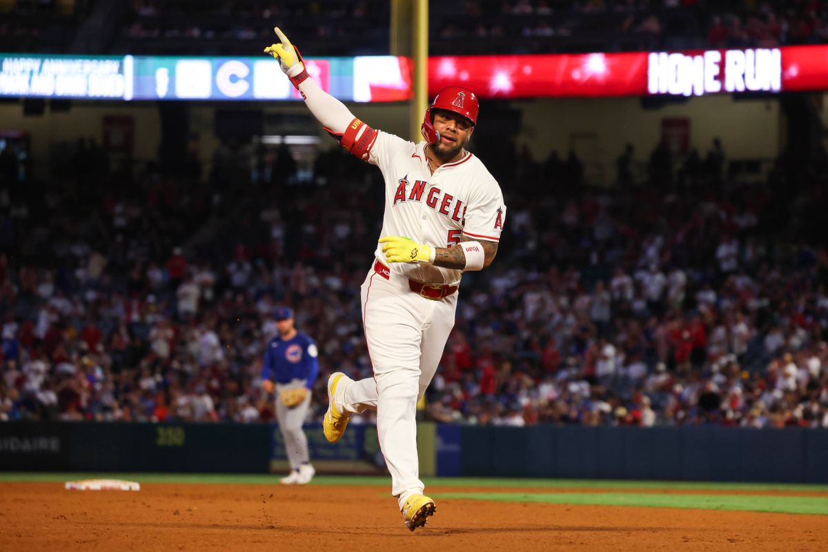 Los Angeles Angels infielder Yoán Moncada (5) celebrates after hitting a home run during the MLB game against the Chicago Cubs Friday August 22nd, 2025 at Angel's Stadium in Anaheim, Calif.