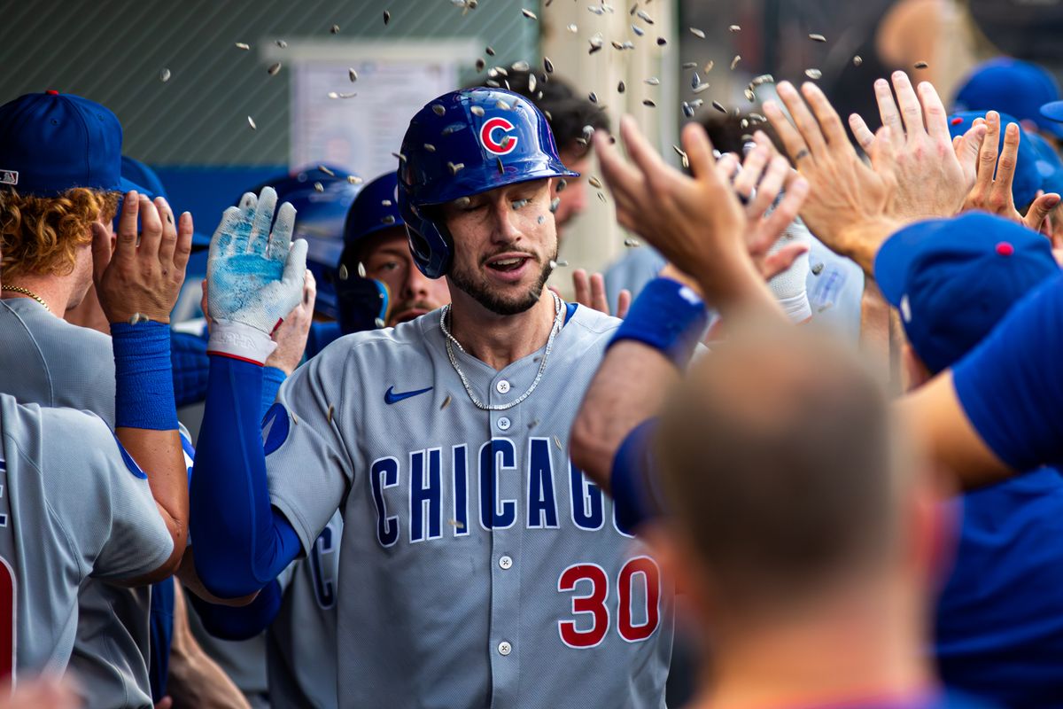 Chicago Cubs Outfielder Kyle Tucker (30) celebrates in the dugout after hitting a solo-homerun in an MLB game against the Los Angeles Angels, Saturday, August 23, 2025, at Angels Stadium in Anaheim, California.