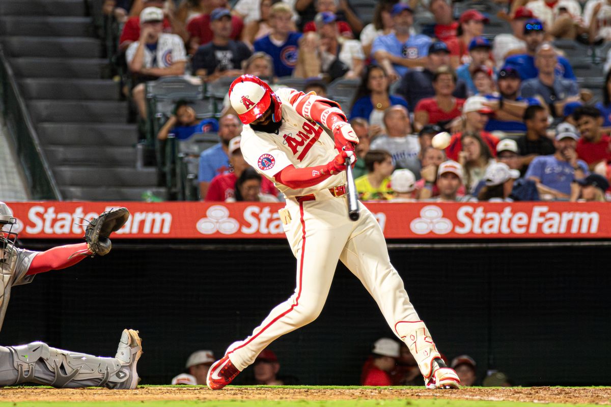 Los Angeles Angels Outfielder Jo Adell (7) hits a solo home-run in an MLB game against the Chicago Cubs Saturday, August 23, 2025 at Angels Stadium in Anaheim, California.