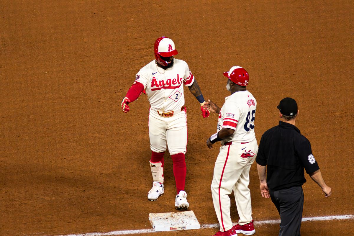 Los Angeles Angels Infielder Luis Rengifo (2) celebrates after getting a base hit during an MLB game against the Chicago Cubs Saturday August 23th, 2025 at Angel's Stadium in Anaheim, California.