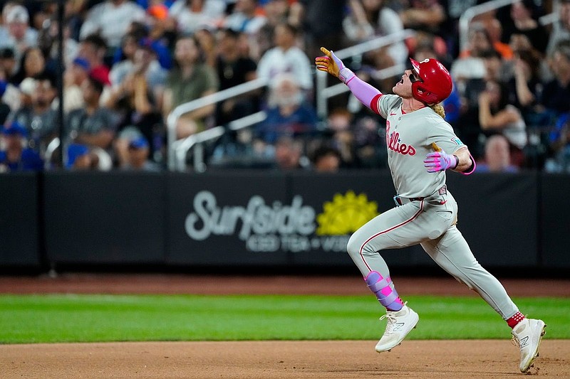 Philadelphia Phillies outfielder Harrison Bader (2) celebrates as he rounds first base after hitting a two-run home-run to tie the game five all, Tuesday, August 26, 2025.