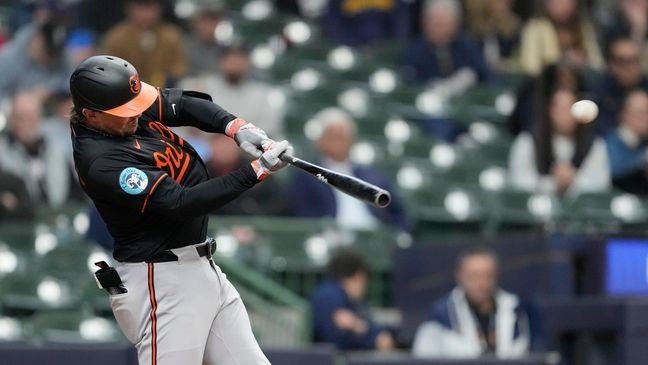 MILWAUKEE, WISCONSIN - MAY 21: Adley Rutschman #35 of the Baltimore Orioles hits a three-run home run against the Milwaukee Brewers during the eleventh inning at American Family Field on May 21, 2025 in Milwaukee, Wisconsin. (Photo by Patrick McDermott/Getty Images)