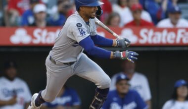 ANAHEIM:  Mookie Betts #50 of the Los Angeles Dodgers reacts to his RBI single during the first inning against the Los Angeles Angels, to score Shohei Ohtani #17 for a 1-0 lead, at Angel Stadium of Anaheim. – AFP