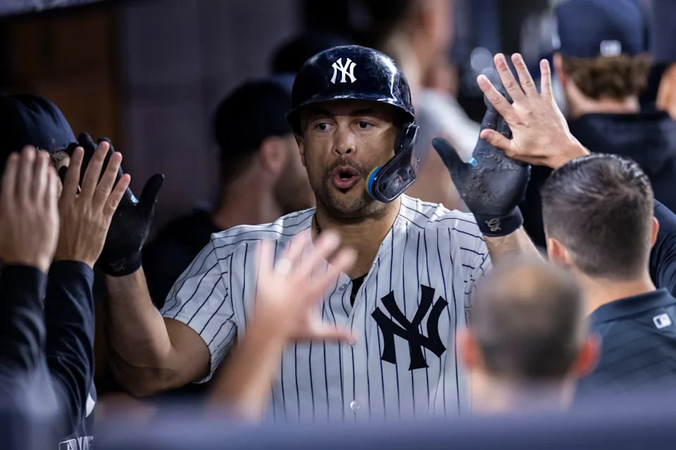 Giancarlo Stanton celebrates a two run home run during the Yankees’ win over the Nationals on Aug. 26, 2025. Corey Sipkin for the NY POST
