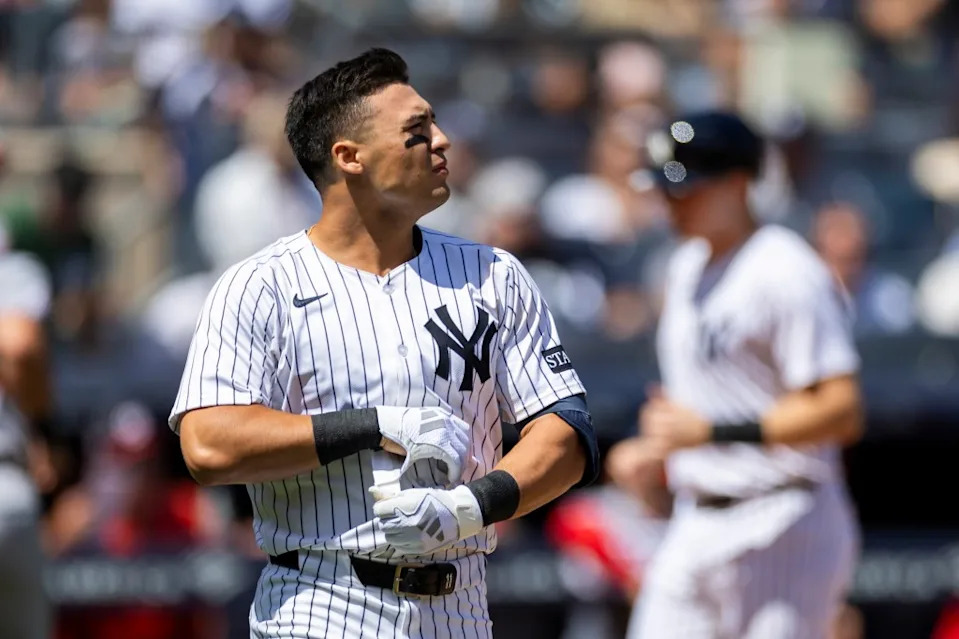 Yankees shortstop Anthony Volpe (11) reacts after he lines out with the bases loaded ending the first inning against the Washington Nationals. Corey Sipkin for the NY POST