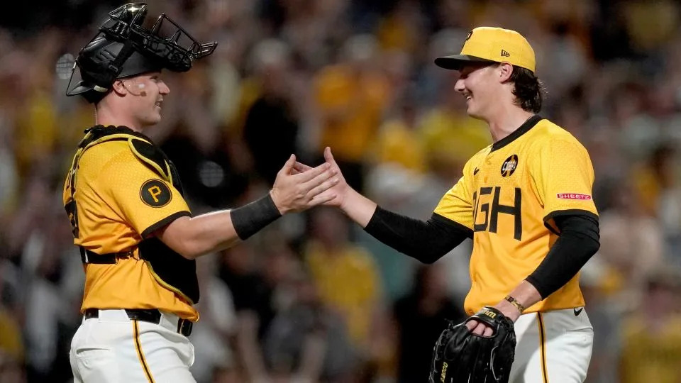 Pittsburgh Pirates pitcher Bubba Chandler, right, celebrates with catcher Henry Davis, left.. - Matt Freed/AP