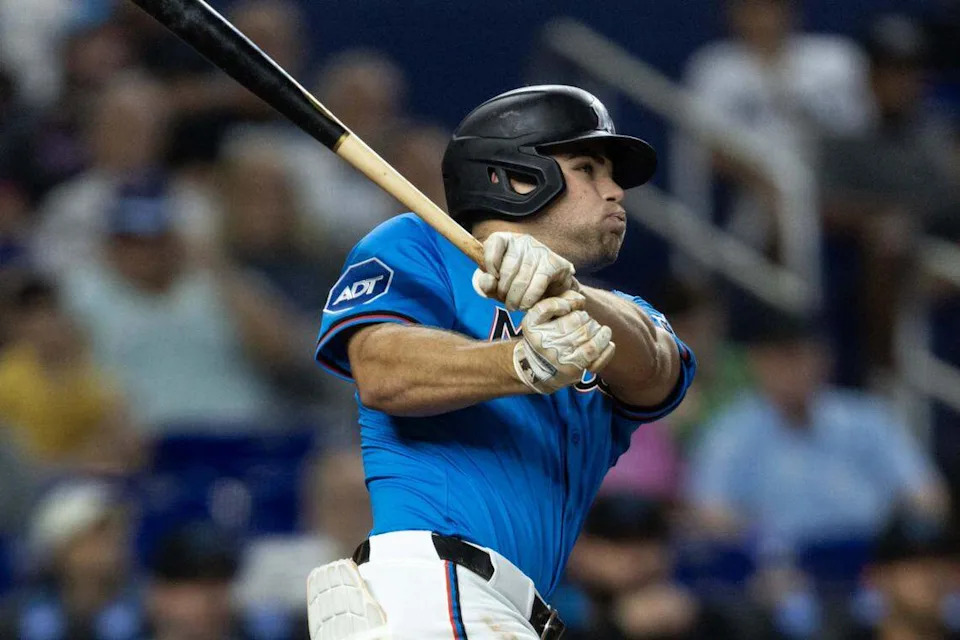 Miami Marlins batter Jakob Marsee (87) reacts to a hitting a double during the seventh inning of an MLB game against the Toronto Blue Jays at loanDepot park on Sunday, August 23, 2025, in Miami, Fla.