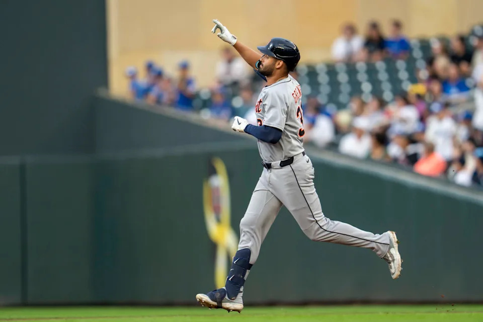 Detroit Tigers left fielder Riley Greene (31) rounds the bases and celebrates after hitting a two-run home run against the Minnesota Twins in the fourth inning at Target Field.