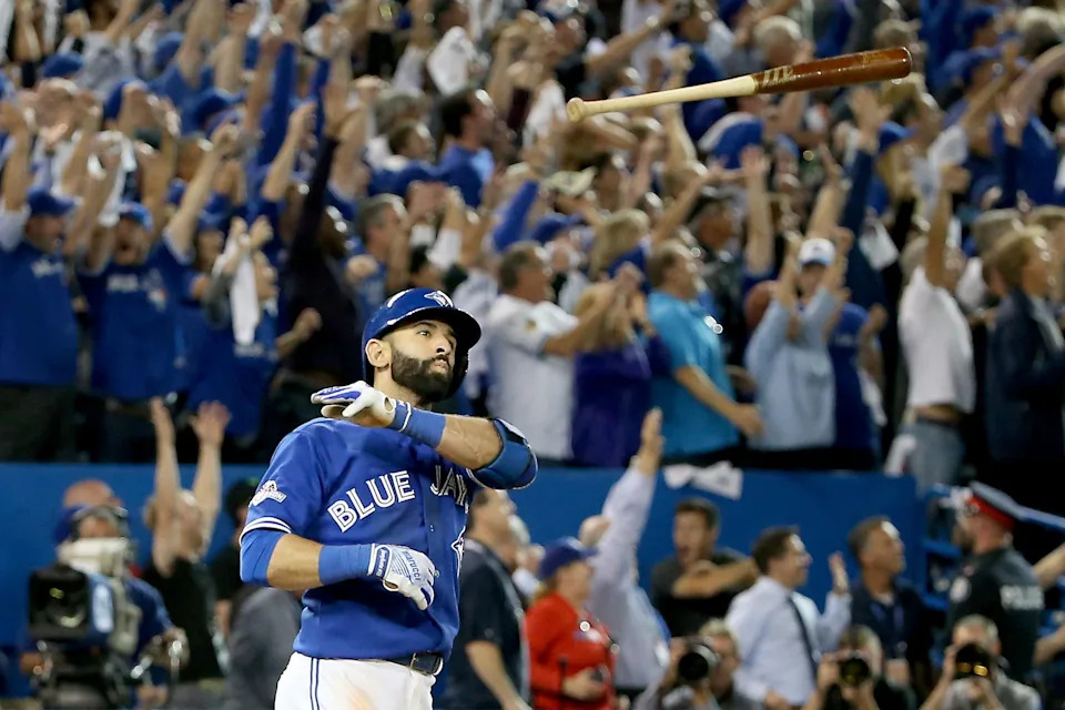 José Bautista produced one of the most memorable home runs in Blue Jays history — the iconic 2025 bat flip (Photo by Tom Szczerbowski/Getty Images).