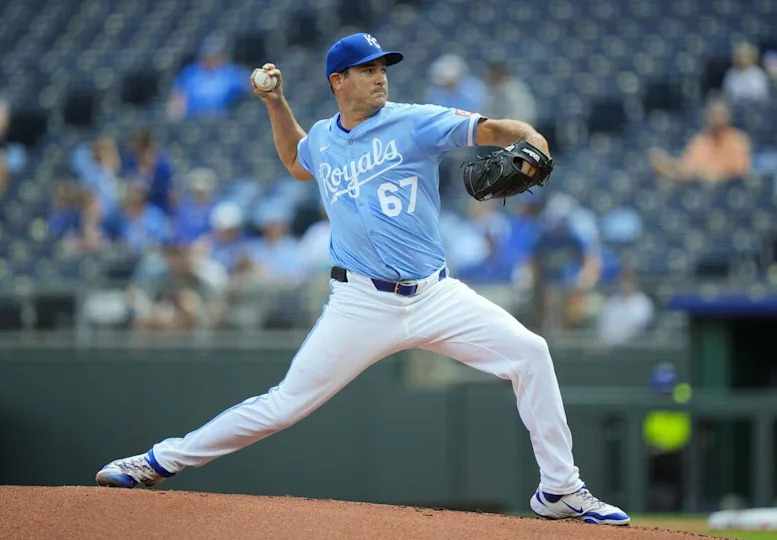 Royals starting pitcher Seth Lugo works against the Washington Nationals at Kauffman Stadium in Kansas City on Wednesday, Aug. 13, 2025.