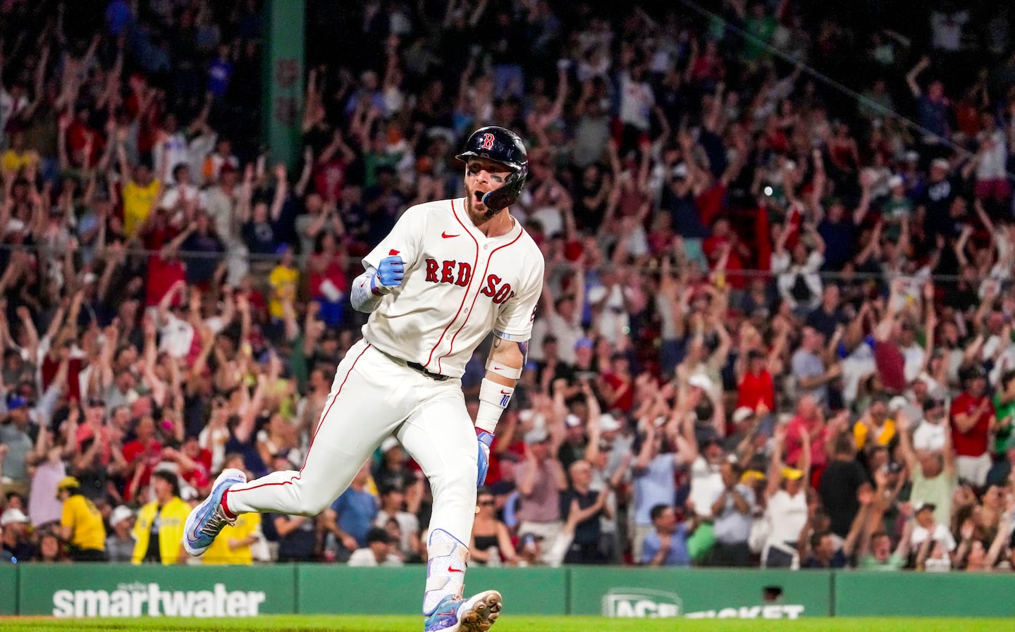Boston Red Sox shortstop Trevor Story reacted to his three-run home run during the seventh inning against the Colorado Rockies at Fenway Park in Boston on July 8.