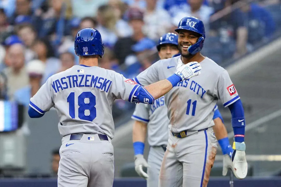 Kansas City Royals right fielder Mike Yastrzemski (18) with third baseman Maikel Garcia (11) after hitting a home run against the Toronto Blue Jays during the second inning at Rogers Centre on Aug. 1, 2025.