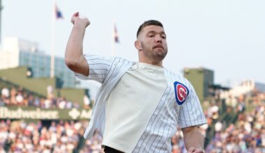 Dricus Du Plessis throws out first pitch at Wrigley Field, sends Cubs mascot running for cover