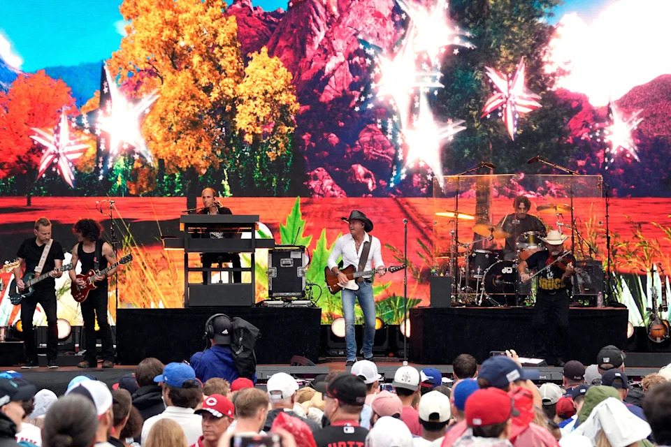 Tim McGraw performs prior to the MLB Speedway Classic between the Atlanta Braves and the Cincinnati Reds at Bristol Motor Speedway.