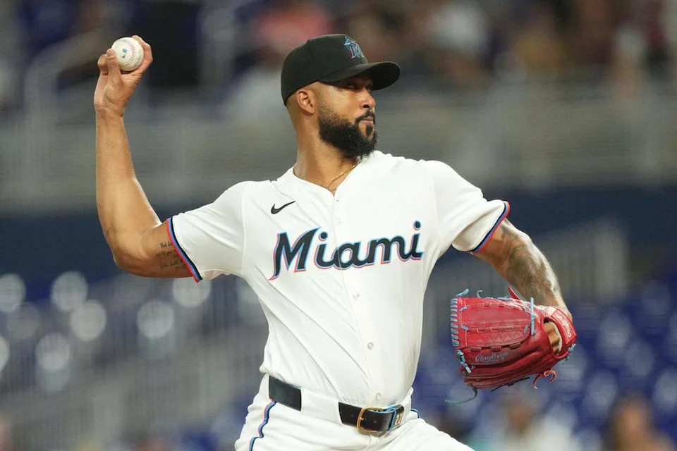 Aug 26, 2025; Miami, Florida, USA; Miami Marlins pitcher Sandy Alcantara (22) pitches in the first inning against the Atlanta Braves at loanDepot Park. Mandatory Credit: Jim Rassol-Imagn Images