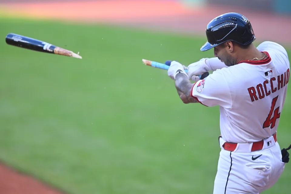 Aug 26, 2025; Cleveland, Ohio, USA; Cleveland Guardians second baseman Brayan Rocchio (4) breaks his bat while hitting an RBI single in the first inning against the Tampa Bay Rays at Progressive Field. Mandatory Credit: David Richard-Imagn Images