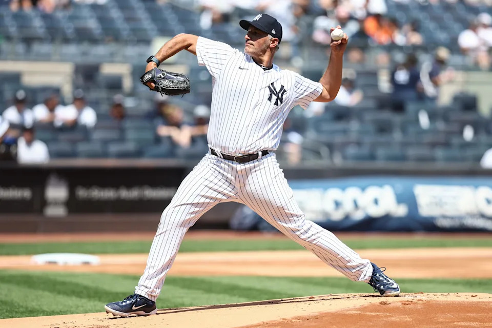 Aug 9, 2025; Bronx, New York, USA; Former New York Yankees pitcher Andy Pettitte pitches during the Old Timer’s Day game at Yankee Stadium. Mandatory Credit: Wendell Cruz-Imagn Images