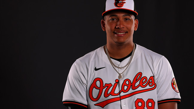SARASOTA, FLORIDA - FEBRUARY 21:  Samuel Basallo #89 of the Baltimore Orioles poses for a portrait during photo day at Ed Smith Stadium on February 21, 2024 in Sarasota, Florida. (Photo by Kevin C. Cox/Getty Images)