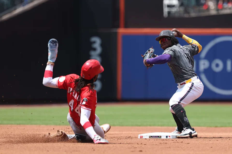 Elly De La Cruz slides into second base against the Mets in New York last month.