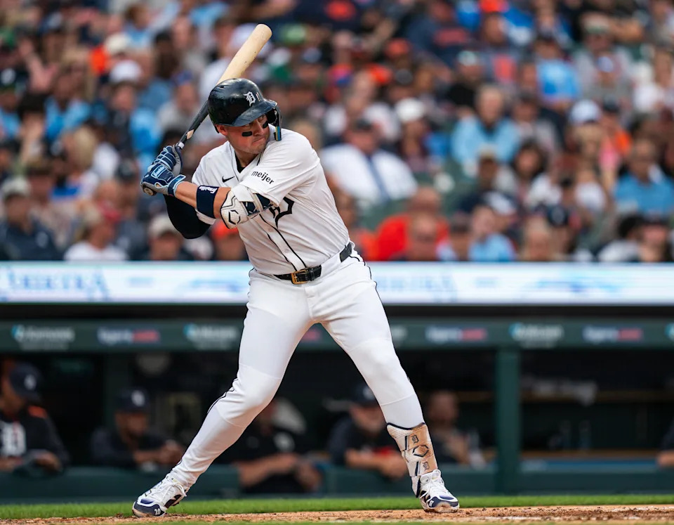 Detroit Tigers Spencer Torkelson (20) prepares to swing bottom of the fourth inning against the Kansas City Royals at Comerica Park in Detroit on Saturday, August 23, 2025.