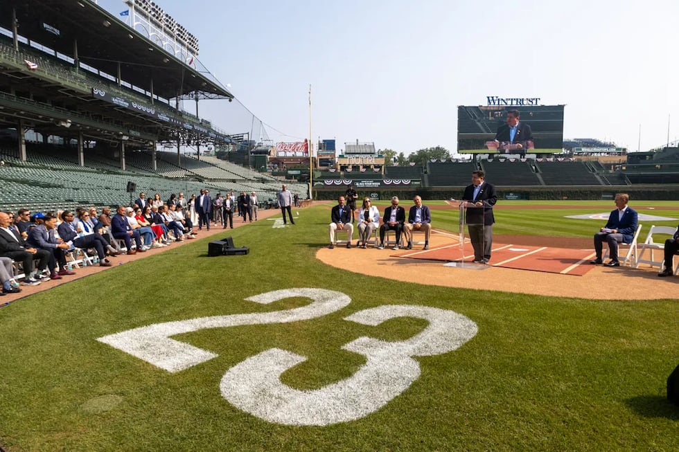 Gov. JB Pritzker speaks at Wrigley Field on Aug. 1, 2025.