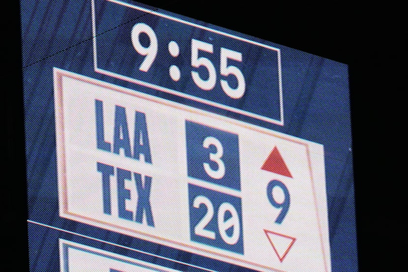 The score is displayed on a video board inside Globe Life Field after the Los Angeles Angels...