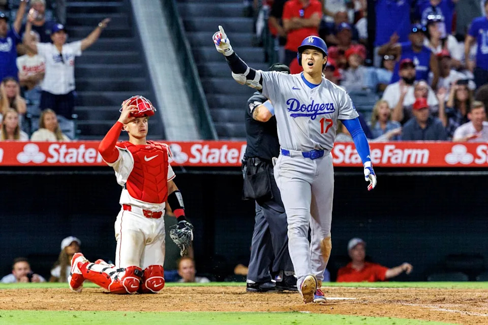 Shohei Ohtani reacts after hitting a go-ahead solo homer in the ninth.