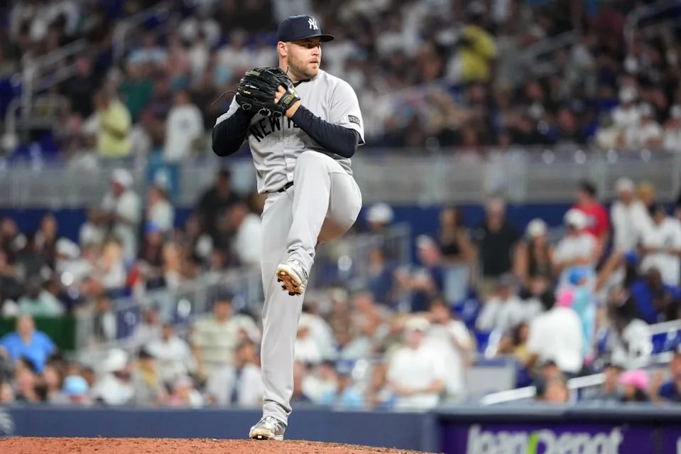 David Bednar of the New York Yankees pitches during the game between the New York Yankees and the Miami Marlins at loanDepot park on Friday, August 1, 2025 in Miami, Florida. MLB Photos via Getty Images