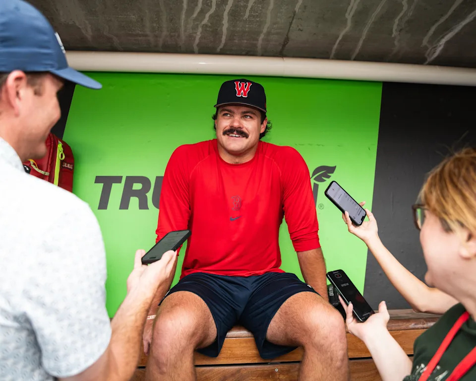 Red Sox pitching prospect Payton Tolle met with the media inside the WooSox dugout at Polar Park on Aug. 6, 2025 during his first day with Triple-A Worcester.