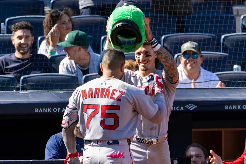 The Red Sox celebrate after Carlos Narváez’s home run during their Aug. 23 win over the Yankees. Corey Sipkin for the NY Post
