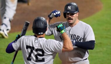 New York Yankees' Austin Wells (28) celebrates with José Caballero (72) after Wells hit a home run off Tampa Bay Rays pitcher Pete Fairbanks during the 10th inning of a baseball game Wednesday, Aug. 20, 2025, in Tampa, Fla. (AP Photo/Chris O'Meara)