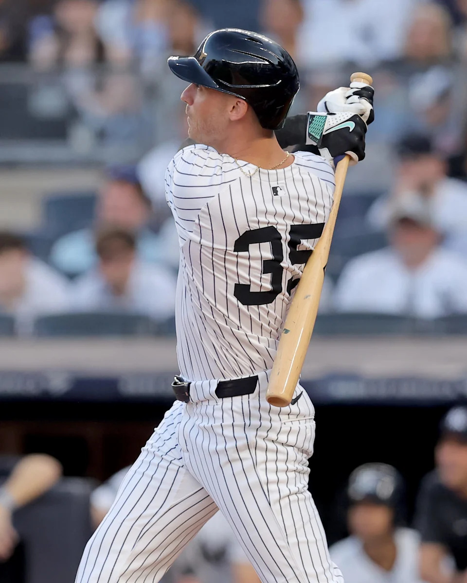 Aug 11, 2025; Bronx, New York, USA; New York Yankees left fielder Cody Bellinger (35) watches his solo home run against the Minnesota Twins during the first inning at Yankee Stadium. Mandatory Credit: Brad Penner-Imagn Images