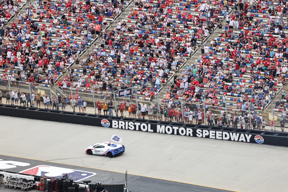 BRISTOL, TN - AUGUST 03: The Home Run car rounds the track during the 2025 MLB Speedway Classic presented by BulidSubmarines.com between the Atlanta Braves and the Cincinnati Reds at Bristol Motor Speedway on Sunday, August 3, 2025 in Bristol, Tennessee. (Photo by Rob Tringali/MLB Photos via Getty Images)