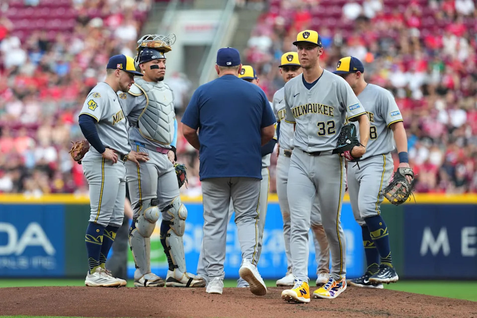 Jacob Misiorowski of the Milwaukee Brewers leaves the mound in the second inning against the Cincinnati Reds at Great American Ball Park on Aug. 15.