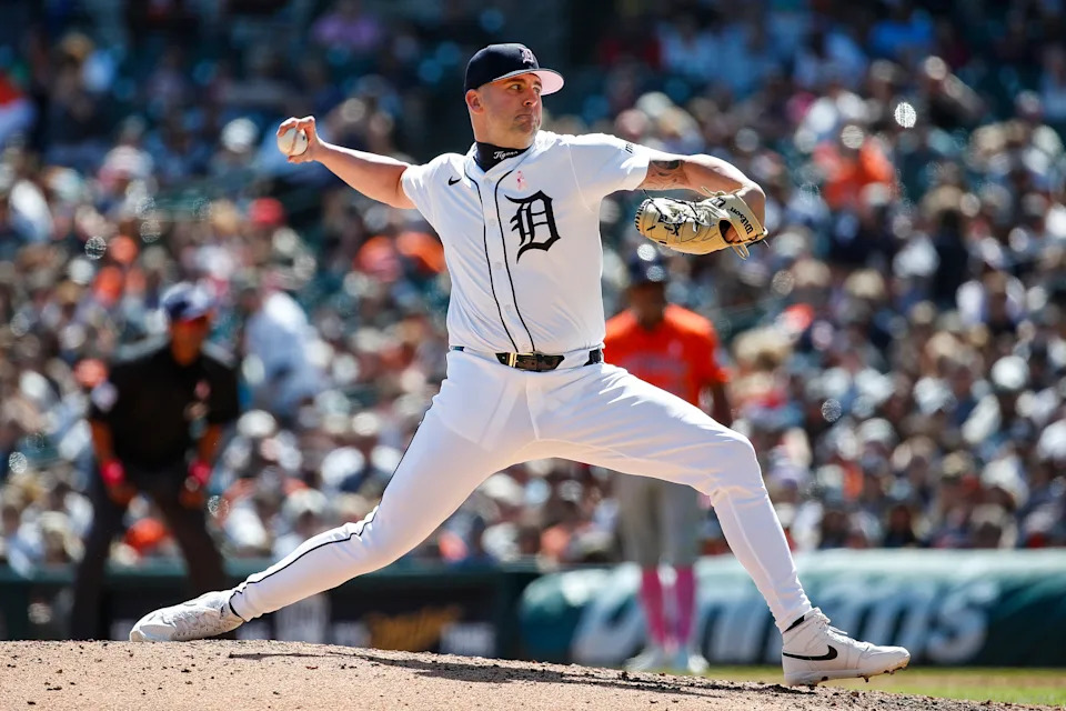 Detroit Tigers pitcher Alex Lange (55) throws against Houston Astros during the eighth inning at Comerica Park in Detroit on Sunday, May 12, 2024.