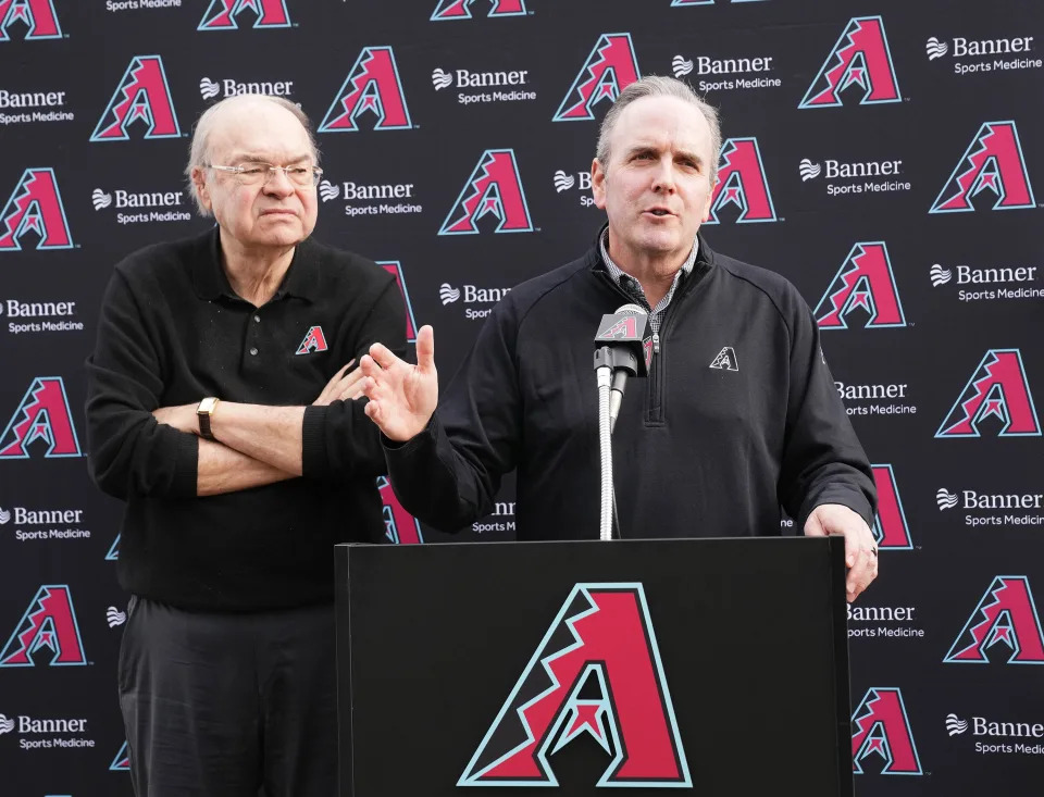 Arizona Diamondbacks CEO and President Derrick Hall with managing general partner Ken Kendrick left hold their annual news conference during spring training workouts at Salt River Fields at Talking Stick on Feb. 17, 2025, in Scottsdale.