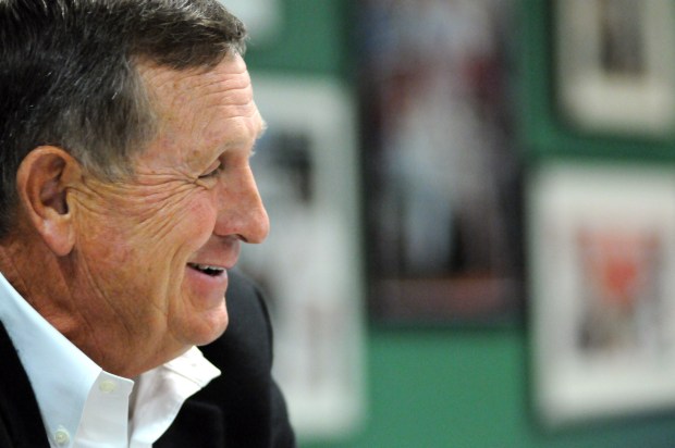 HAPPY TO CHAT: Gene Lamont smiles as he speaks to the press yesterday about his managerial interview with the Red Sox at Fenway Park.
