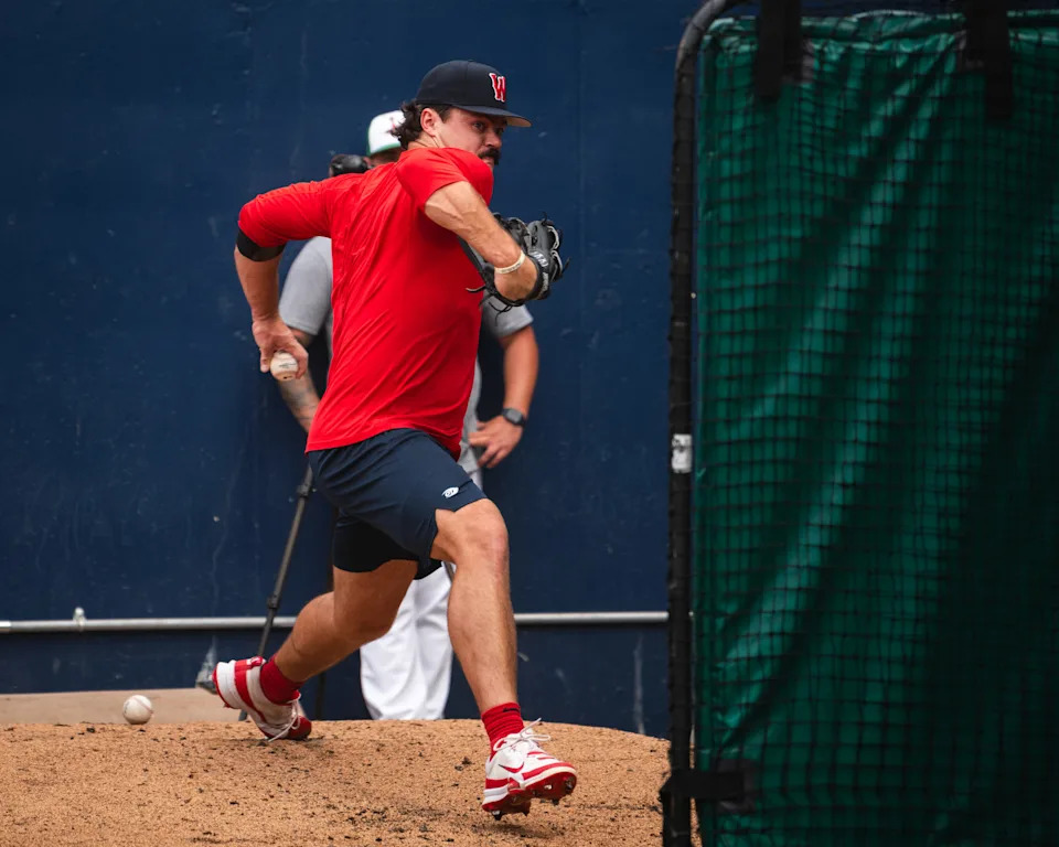 Red Sox pitching prospect Payton Tolle throws a pitch in the WooSox bullpen at Polar Park during his first day with Triple-A Worcester on Aug. 6, 2025.