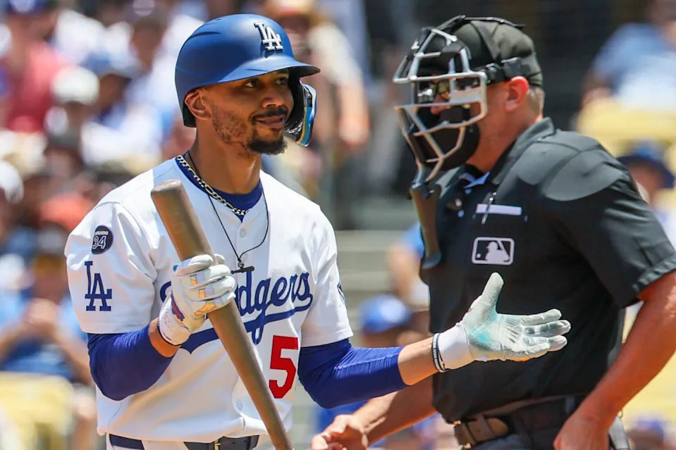 Mookie Betts reacts after striking out against the Milwaukee Brewers on July 20.