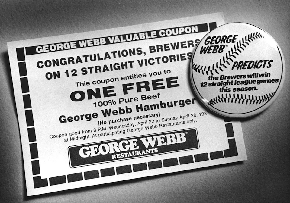 George Webb buttons and coupons used to promote its burger giveaway in 1987.