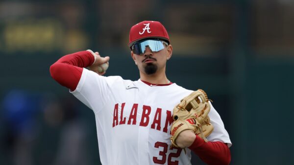 Alabama infielder Jason Torres (32) during an NCAA baseball game against Presbyterian on Sunday, March 9, 2025
