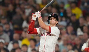 Boston Red Sox Roman Anthony watches his hit go foul in the fifth inning of a baseball game against the Kansas City Royals, Wednesday, Aug. 6, 2025, in Boston. (AP Photo/Robert F. Bukaty)