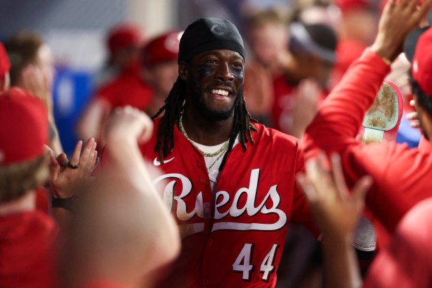 The Cincinnati Reds’ Elly De La Cruz celebrates in the...