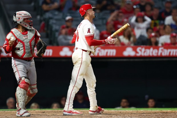 The Angels’ Logan O’Hoppe reacts after striking out swinging as...
